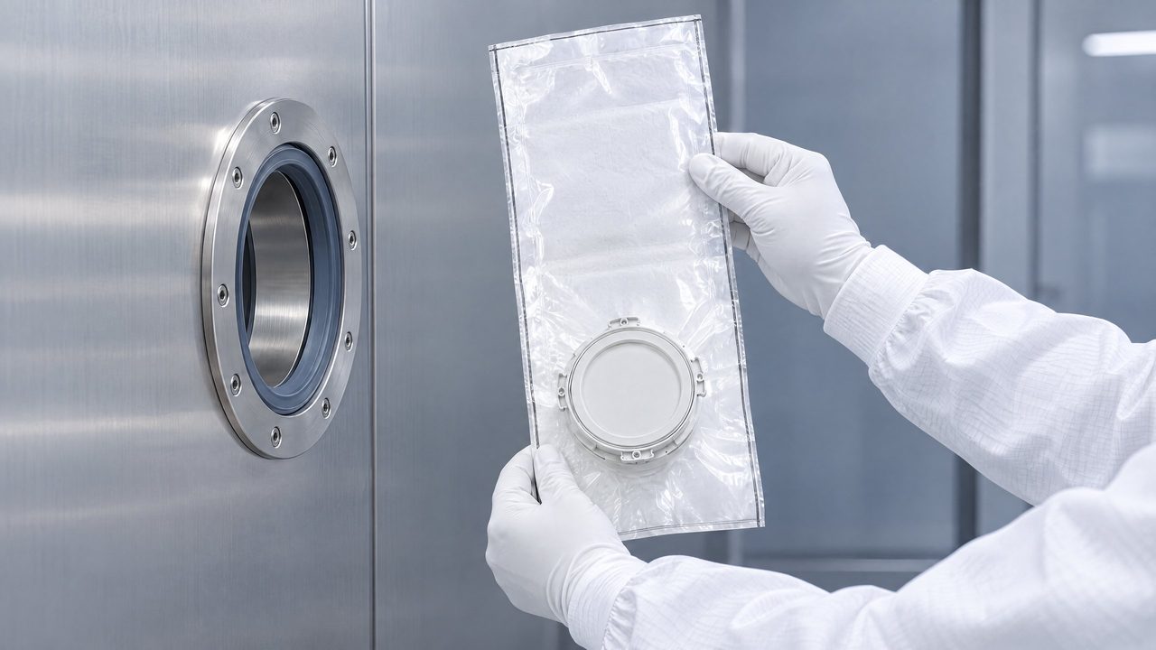 A gloved operator holds a DELTAQUANT single-use beta bag flange-first to the alpha port of a stainless-steel isolator; the flat pouch hangs below the flange
