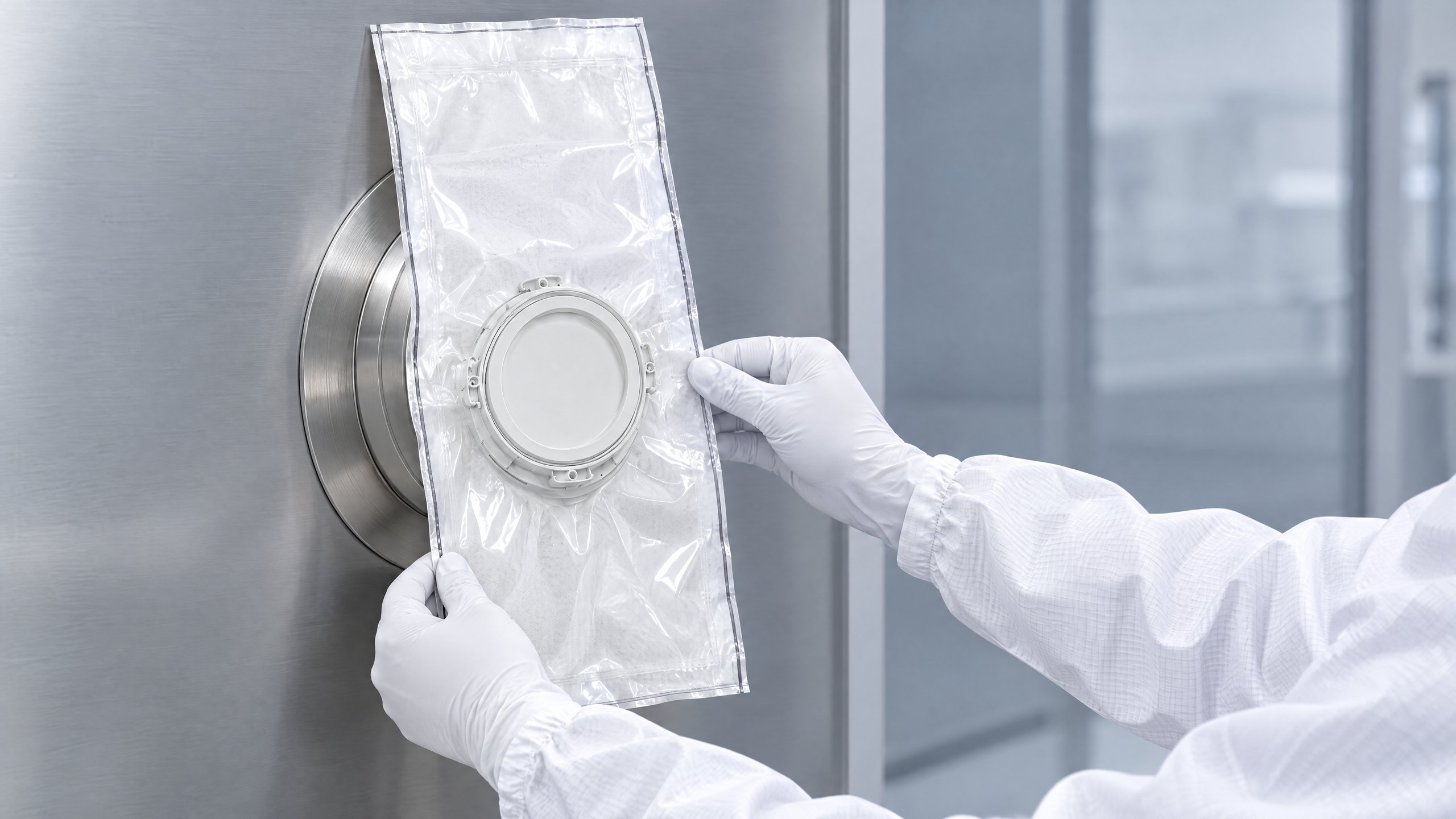 A DELTAQUANT single-use beta bag locked flush on the alpha port of an isolator, held by a gloved operator; the flat pouch hangs against the stainless-steel wall with the flange in its face.