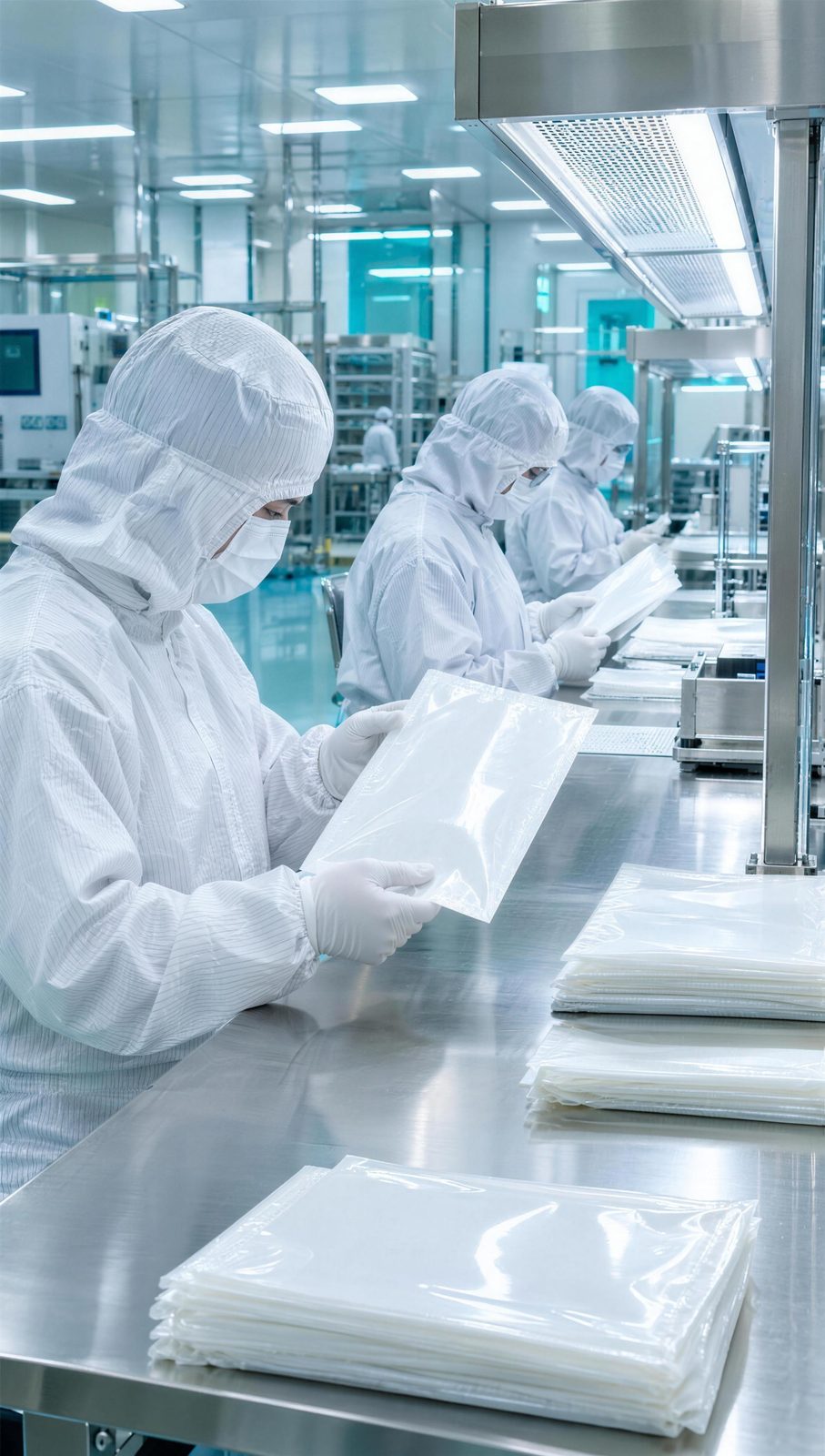 Operators in cleanroom suits inspect DELTAQUANT single-use beta bags at a stainless-steel bench in the ISO Class 7 cleanroom; stacks of overwrapped pouches wait beside them.